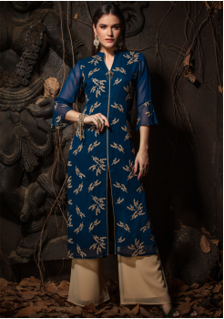 Blue Color Designer Georgette Straight Cut Kurti